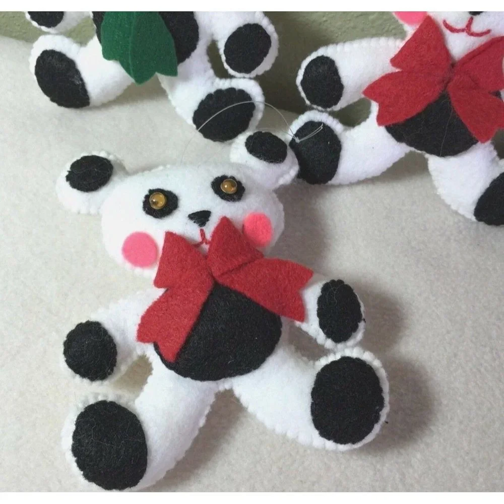 VTG Handmade white panda Felt Teddy Bear set of 3 Christmas Ornaments retro‎